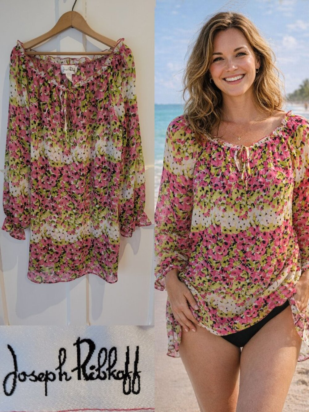 Joseph Ribkoff Floral Blouse Tunic Sheer Chiffon Pink Green Size 12